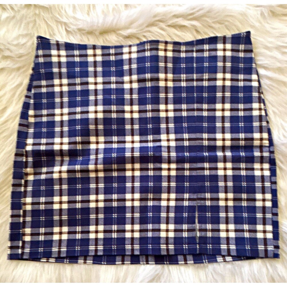 rue21 Womens Blue White Brown Plaid Mini Skirt Size M Stretch Zip